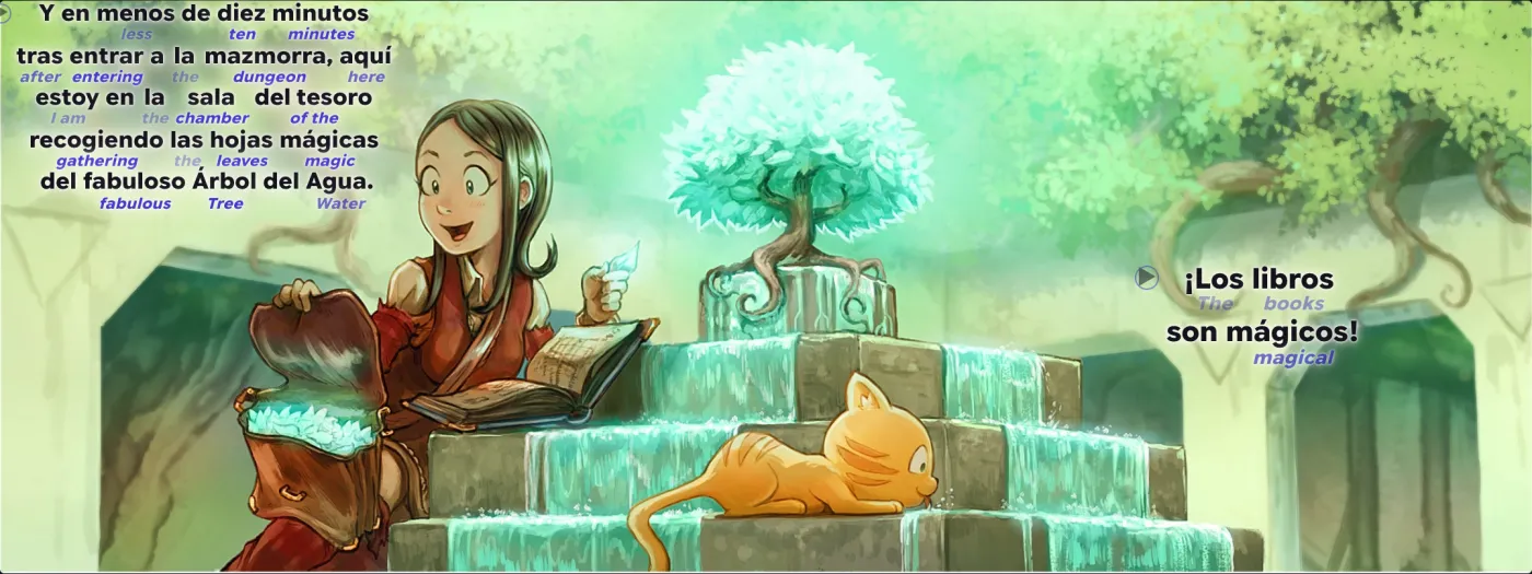 Pepper sits by a glowing tree in a treasure room, filling a bag with leaves. Her caption is set into the art in Spanish with English glosses under the harder words: less, ten, minutes, after, entering, dungeon, here, chamber, gathering, leaves, magic, fabulous, Tree, Water. A second balloon: “¡Los libros son mágicos!” glossed “books”, “magical”.
