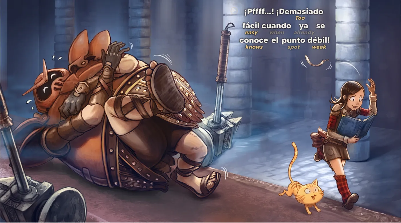 Pepper walks past a defeated giant guardian. Her balloon, “¡Pffff…! ¡Demasiado fácil cuando ya se conoce el punto débil!”, is set into the art with English glosses under the harder words: Too, easy, when, already, knows, spot, weak.